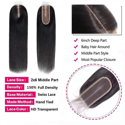 Cline Hair 2x6 HD Lace Closure Middle Part Straight Human Hair