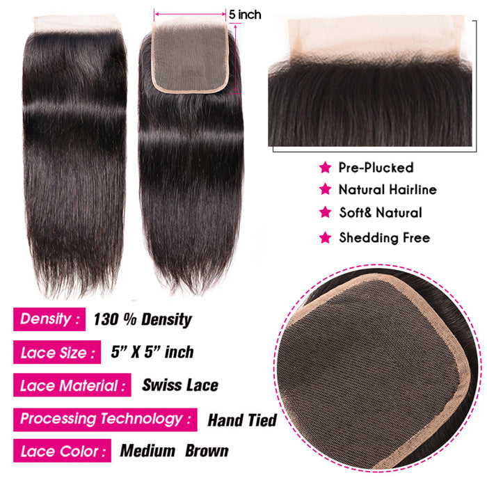 Cline Hair 5x5 Lace Closure Pre Plucked Silky Straight Remy Human Hair