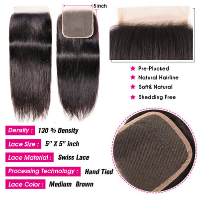 Cline Hair 5x5 Lace Closure Pre Plucked Silky Straight Remy Human Hair