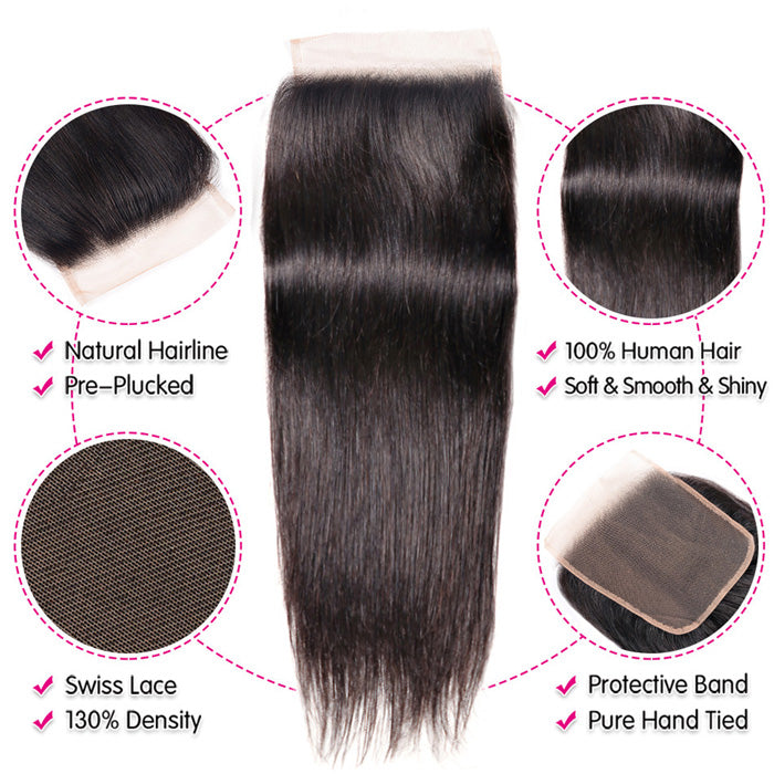 Cline Hair 5x5 Lace Closure Pre Plucked Silky Straight Remy Human Hair