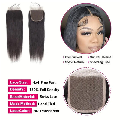 Cline Hair 4x4 Transparent Lace Closure Straight Remy Human Hair