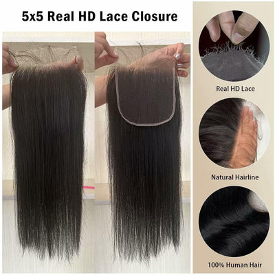 Cline Hair 5x5 HD Lace Closure Pre Plucked Silky Straight Human Hair