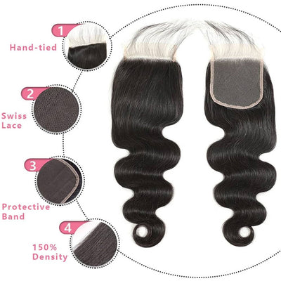 Cline Hair Body Wave 4x4 Lace Closure Pre Plucked Remy Human Hair
