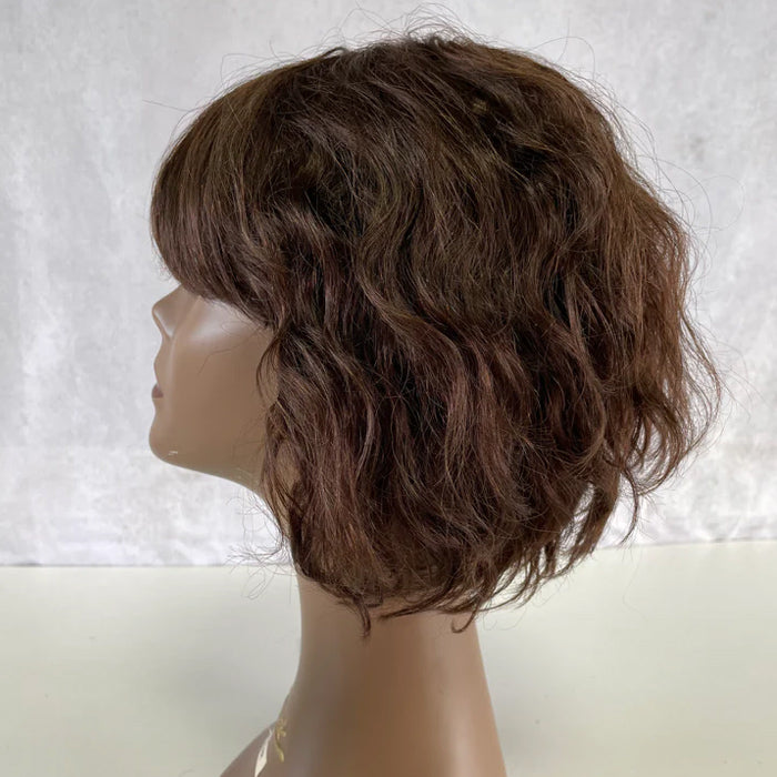 Cline Hair Perruque courte ondulée marron en cheveux humains