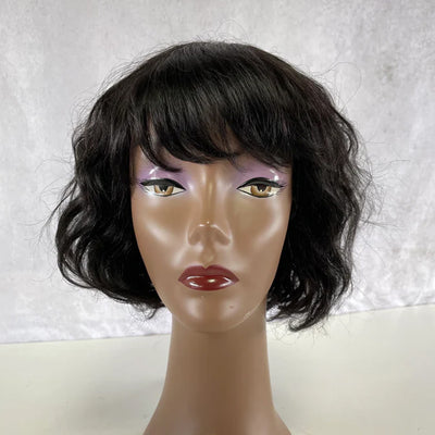 Cline Hair Perruque courte ondulée marron en cheveux humains