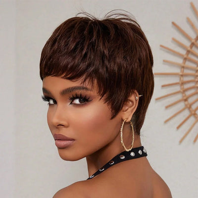 Cline Perruque courte brune coupe Pixie en vrais cheveux humains
