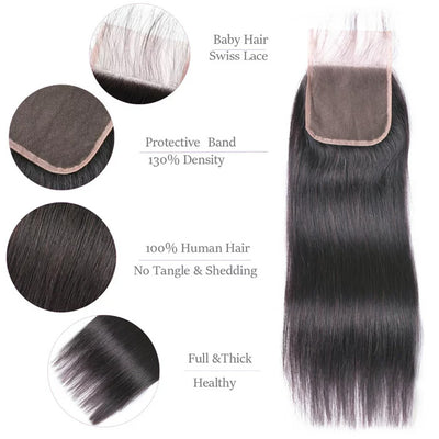 Cline Hair 5x5 Lace Closure Pre Plucked Silky Straight Remy Human Hair